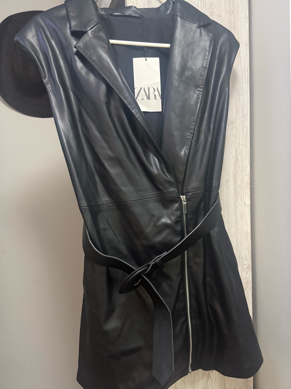 Zara Black Faux Leather Sleeveless Belted Jacket